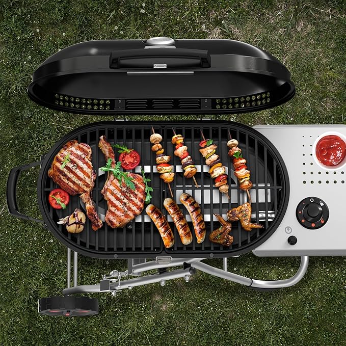 Portable Propane Gas Grill,15,000 BTU BBQ Grill with Top Cover Lid, 406 sq.in. Grilling Areas, 2 Wheels, Built-in Thermometer, Barbecue Gas Grill for Patio,Party,Black