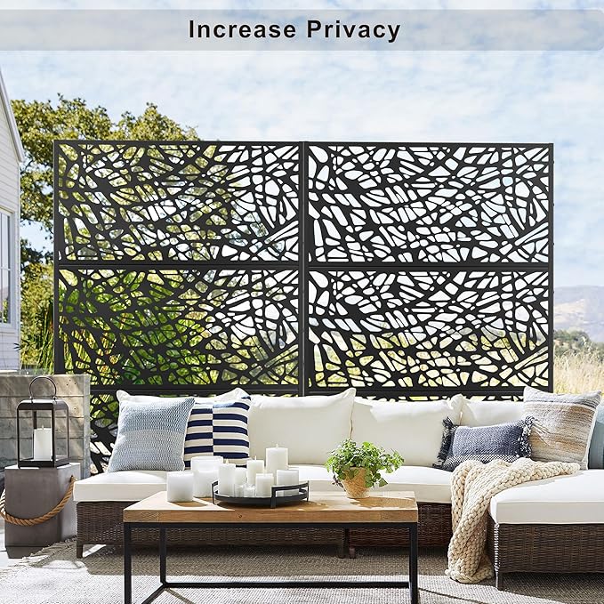 Elevens Metal Outdoor Privacy Screen, Freestanding Outdoor Divider Decorative Privacy Fence Screen,Outdoor Decorative Privacy Screens and Panels for Balcony Patio,72" H×47" W (Black-Mesh)