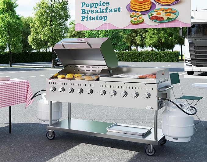 72 in. 10-Burner Commercial Outdoor Propane Gas Grill With 36 in. Roll Dome Cover and 36 in. Griddle in Stainless-Steel, ETL Listed (CGKIT7-D36G36)