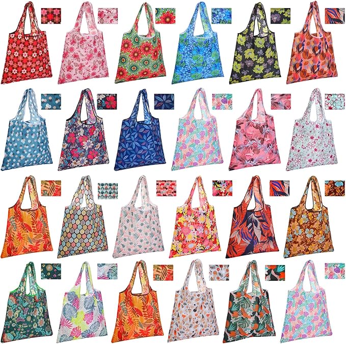 Eccliy 24 Pieces Reusable Grocery Bags Polyester Shopping Bags for Groceries Multi Colors Reusable Foldable Shopping Tote(Plants Style)