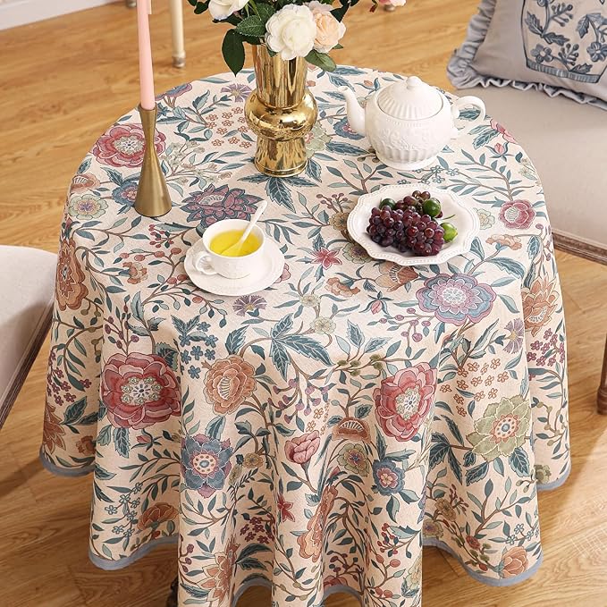 Designer Linen Small Round Tablecloth,Vintage William Morris Floral Table Cloth with Colorful Pattern,Decor Table Cover for Kitchen,Dining,Thanksgiving,Diameter 55"-Flowershadow a