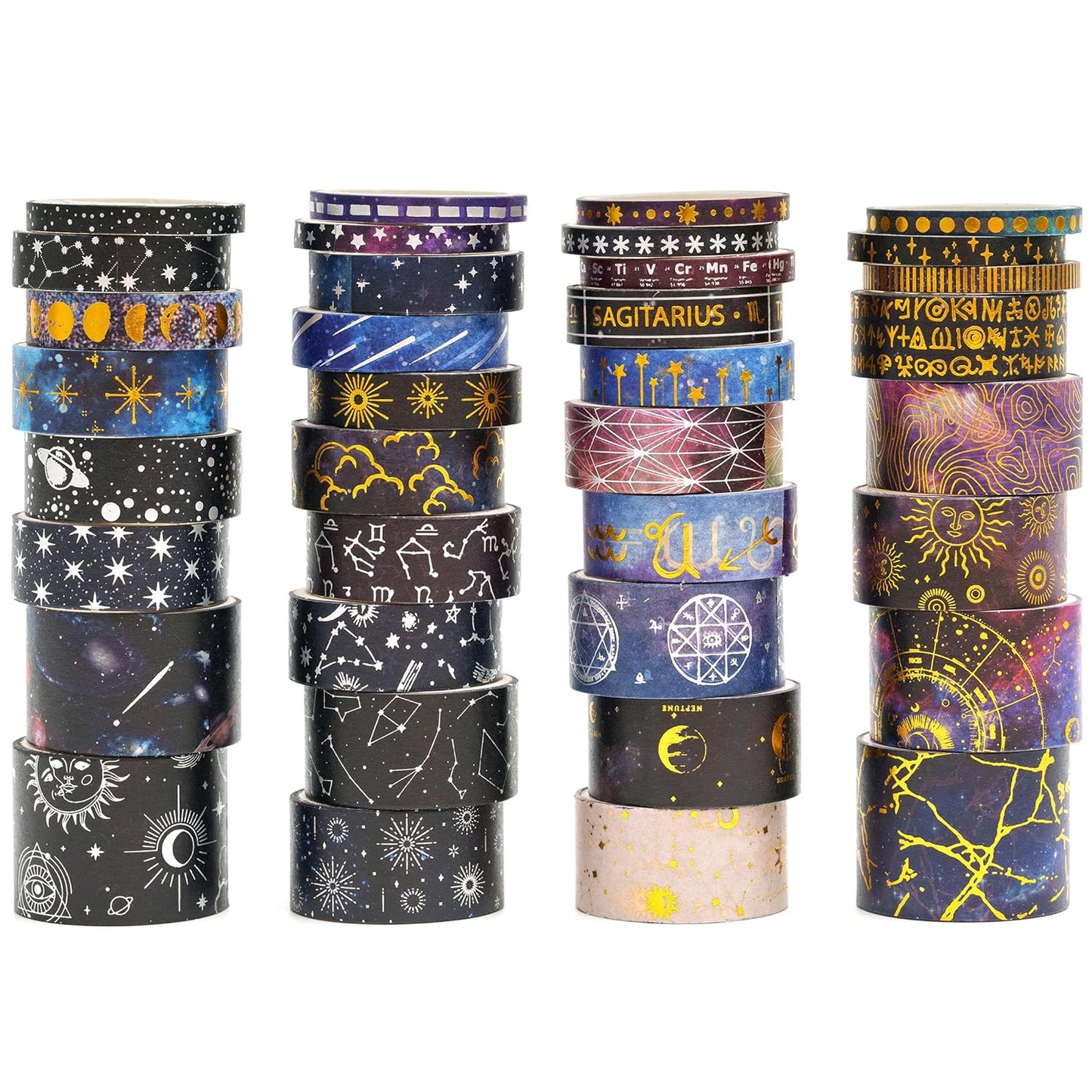 36 Rolls Galaxy Washi Tape Pack Stars Arts Adhesive Tapes Gold Silver Foil Decorative Masking Tape Sets for Craft, Kids, Scrapbook, DIY, Gift Wrapping (Constellation 36 Rolls)