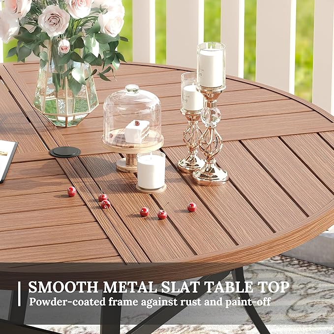 VICLLAX Round Patio Table with Adjustable Umbrella Hole for 8, All Weather Metal Outdoor Dining Table for Lawn Garden, 53.1" Outdoor Coffee Table, Walnut Wood-Like Tabletop