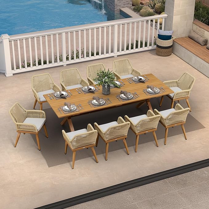 PURPLE LEAF 11 Pieces Outdoor Dining Set All-Weather PE Rattan Outdoor Patio Furniture Set with All Aluminum Frame Rectangular Table and Chairs Set for Lawn Garden Backyard Deck, Teak