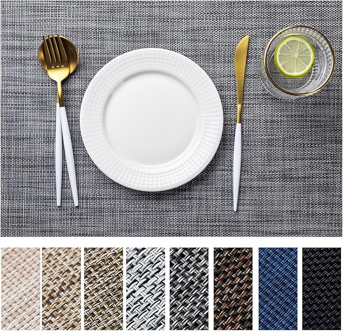 LEXMORE Placemats Set of 8 Vinyl/Plastic Woven Place Mats for Kitchen Table Indoor/Outdoor Washable Placemat Wipeable Dining Table Mats(Dark Gray)