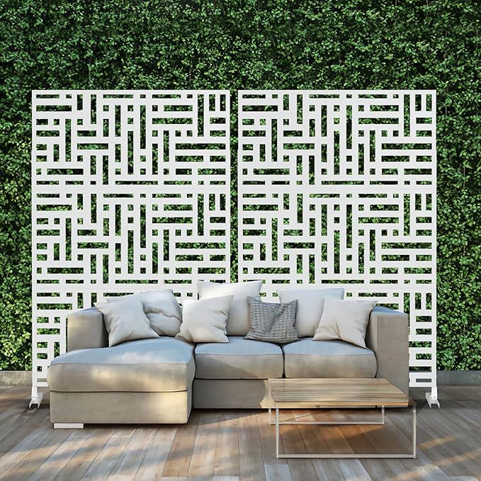 Metal Privacy Screen Outdoor 72" H×47" W,Freestanding Decorative Privacy Screen for Balcony Yard&Garden,Privacy Fence-White&Street