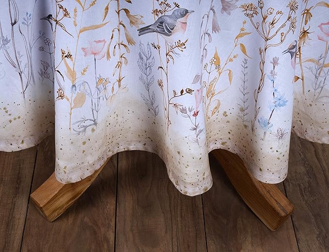 Maison d' Hermine Table Cloth Round Table 100% Cotton 69 Inches Tablecloth Reusable Decorative for Dining Room, Farmhouse, Home, Party, Festive & Wedding Spring Summer - Meadow Florals - Beige