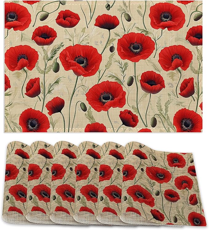 Poppy Flowers Placemats Set of 6,Red Bright Table Mates Non-Slip Heat Resistant Washable Linen Place Mats for Party Kitchen Dining Decoration Indoor Outdoor 12"x18"