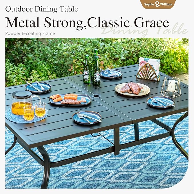 Sophia & William Patio Dining Set with 13ft Double-Sided Patio Umbrella, 8 Piece Metal Outdoor Table Furniture Set with 6 Chairs and 1 Rectangular Dining Table and 1 Large Orange Red Umbrella