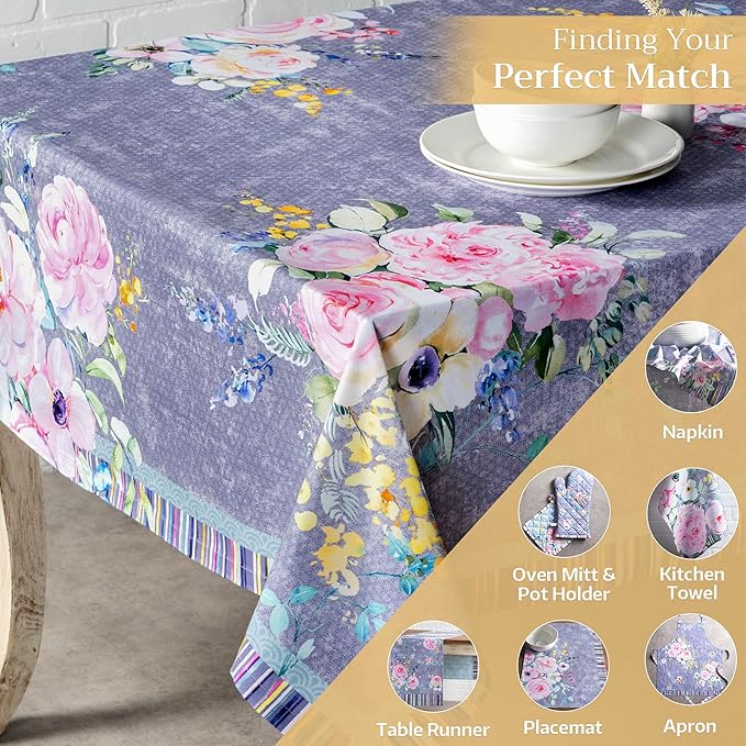 Maison d' Hermine Table Cloth Rectangle Table 100% Cotton 54 x 72 Inches Tablecloth Reusable for Dining Room, Farmhouse, Home, Party, Festive & Wedding Spring Summer - Sweet Rose Lavender - Lush