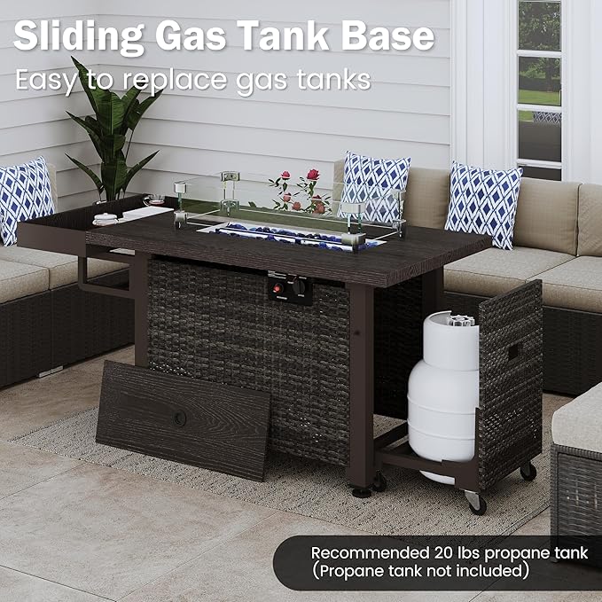 52 Inch Wicker Patio Fire Table, 50,000BTU Propane Fire Pit Table with Glass Wind Guard, Side Basket, Cover and CSA Certified, Outdoor Fire Pit for Garden, Backyard, Balcony, Poolside, Brown