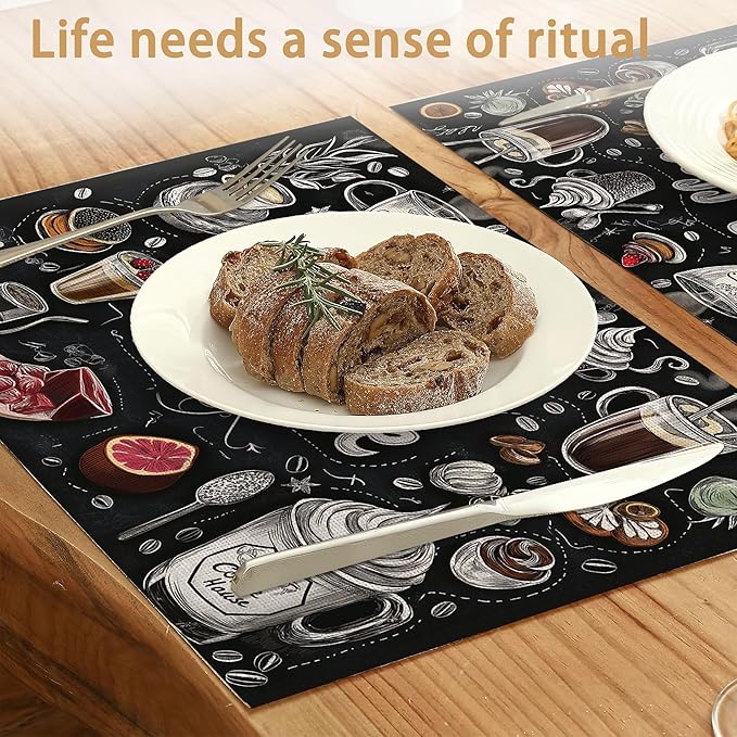 Coffee House Placemats Set of 6,Coffee Menu Table Mates Non-Slip Heat Resistant Washable Linen Place Mats for Party Kitchen Dining Decoration Indoor Outdoor 12"x18"