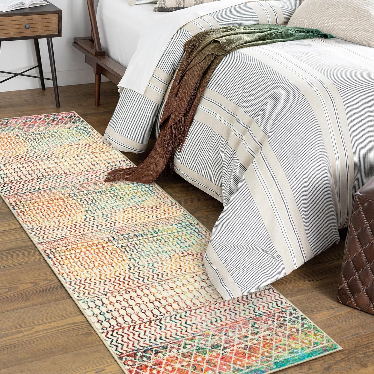 Moroccan Hallway Runner Rug 2x6, Ultra Soft Non Slip Bathroom Runner Rug, Low-Pile Washable Hallway Rug Front Door Mat Neutral Rug for Bathroom Laundry Room Bedroom