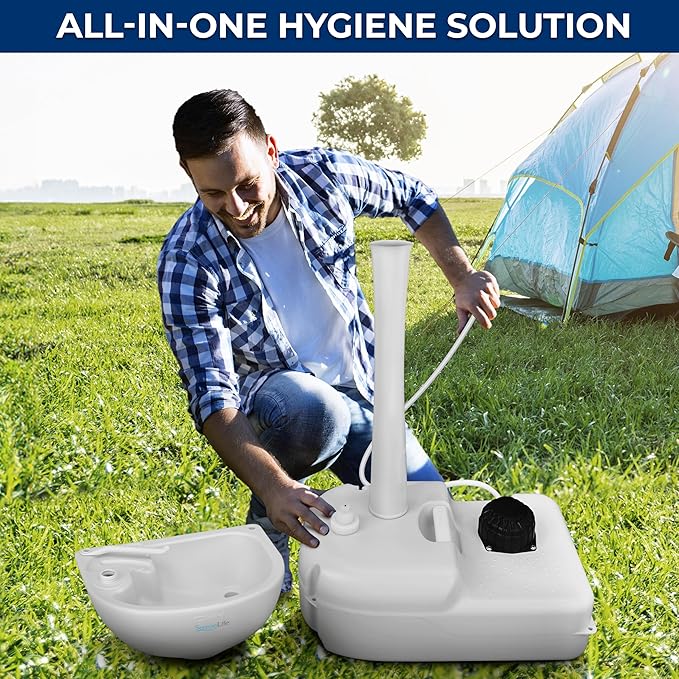 SereneLife Portable Hand Washing Station, 100+ Hand Washes, Hands-Free Foot Pump, Soap Dispenser, and Drain Hose, Ideal for Outdoor Events, Camping, Boating and Worksites