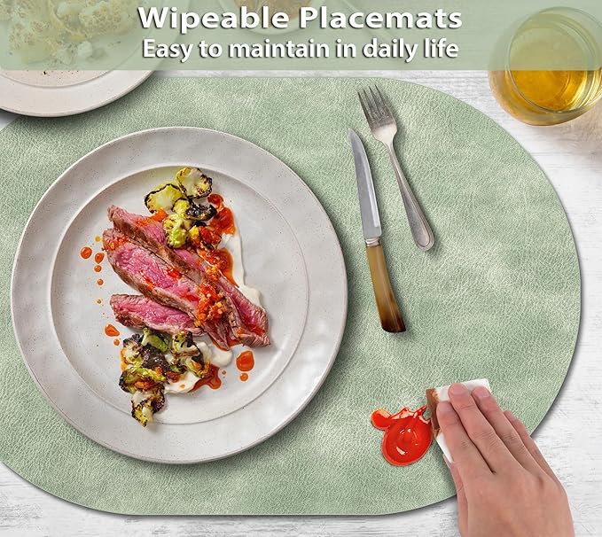 ADRIMER Placemats, Heat Resistant Oval Placemats Set of 6 Washable 12 x 17 Inch, Waterproof Table Mats, Wipeable Pu Place Mats for Kitchen, Dining Room, Green