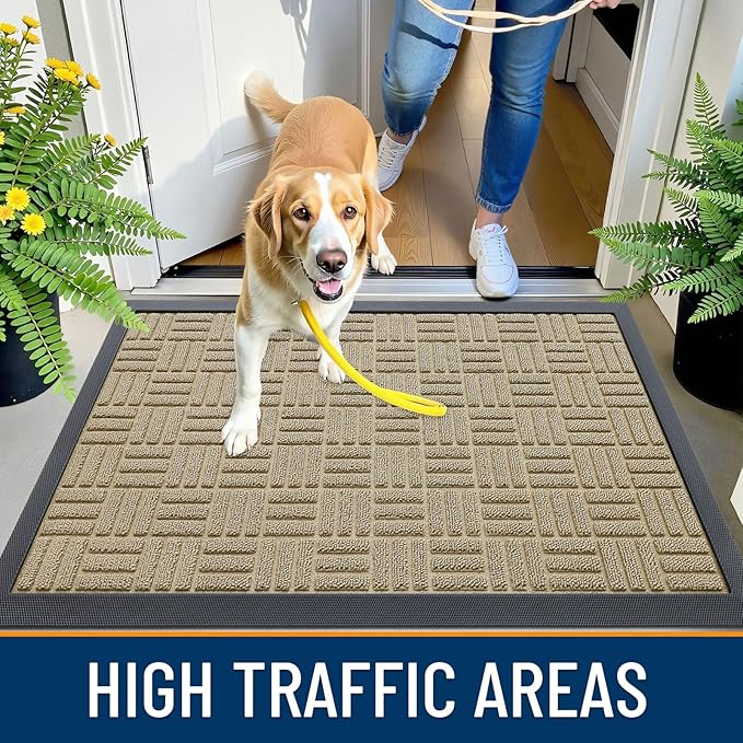 OLANLY Front Door Mat Outside Entrance 33x21, Absorbent, Heavy Duty Sturdy Natural Rubber Doormat Indoor Outdoor, Stain and Fade Resistant, Non-Slip Backing Low Profile Floor Mat for Entryway, Beige