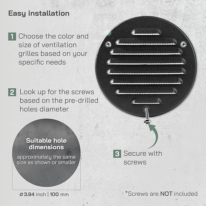 Vent Systems - 4 Inch (Inner) Pack of 10 Black Metal Round Soffit Air Vent Grille Cover, Register air Vent Deflector, Louver - Built-in Mesh - HVAC for Bathroom, Home Office, Kitchen 5 Inch (Outer)