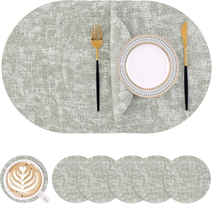 Homaxy Round Faux Leather Placemats and Coasters, Washable Dual-Side Table Mats, Wipeable Heat-Resistant Dining Place Mats for Outdoor and Indoor, Set of 6, Diameter 13 and 3.93 inch, Grass Green