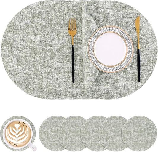 Homaxy Round Faux Leather Placemats and Coasters, Washable Dual-Side Table Mats, Wipeable Heat-Resistant Dining Place Mats for Outdoor and Indoor, Set of 6, Diameter 13 and 3.93 inch, Grass Green