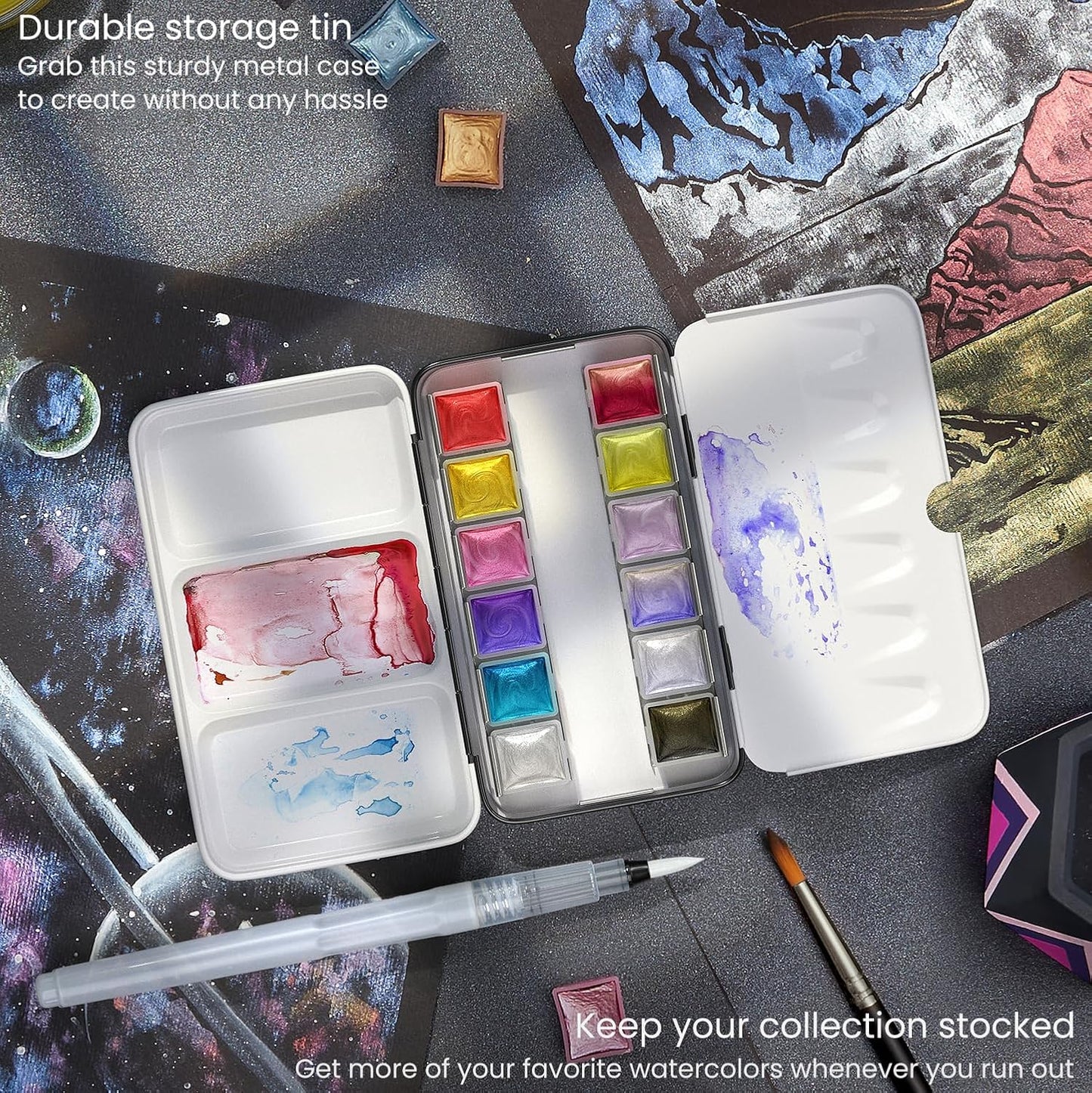 ARTEZA Metallic Watercolor Paint Set – 12 Iridescent Half Pans, Compact Travel Palette with Brush for Painting, Journaling & Mixed Media