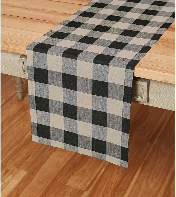 Solino Home Linen Checkered Table Runners 72 Inches Long - 100% Pure Linen Natural and Black Buffalo Check Table Runner 14 x 72 Inch Ideal for Dresser, Dining, Spring