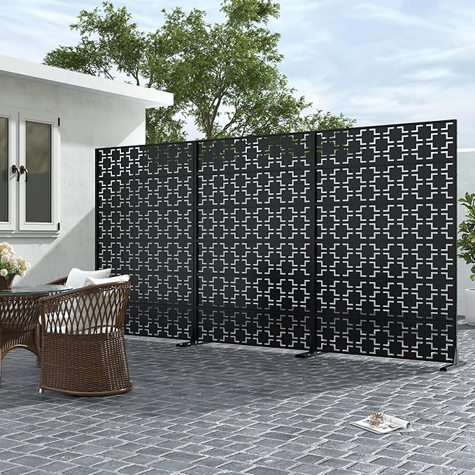 Casaphoria Metal Privacy Screen 72" H x 45" W, 2 Pack Outdoor Freestanding Decorative Divider for Patio & Garden with Stable Base, Black-Brick