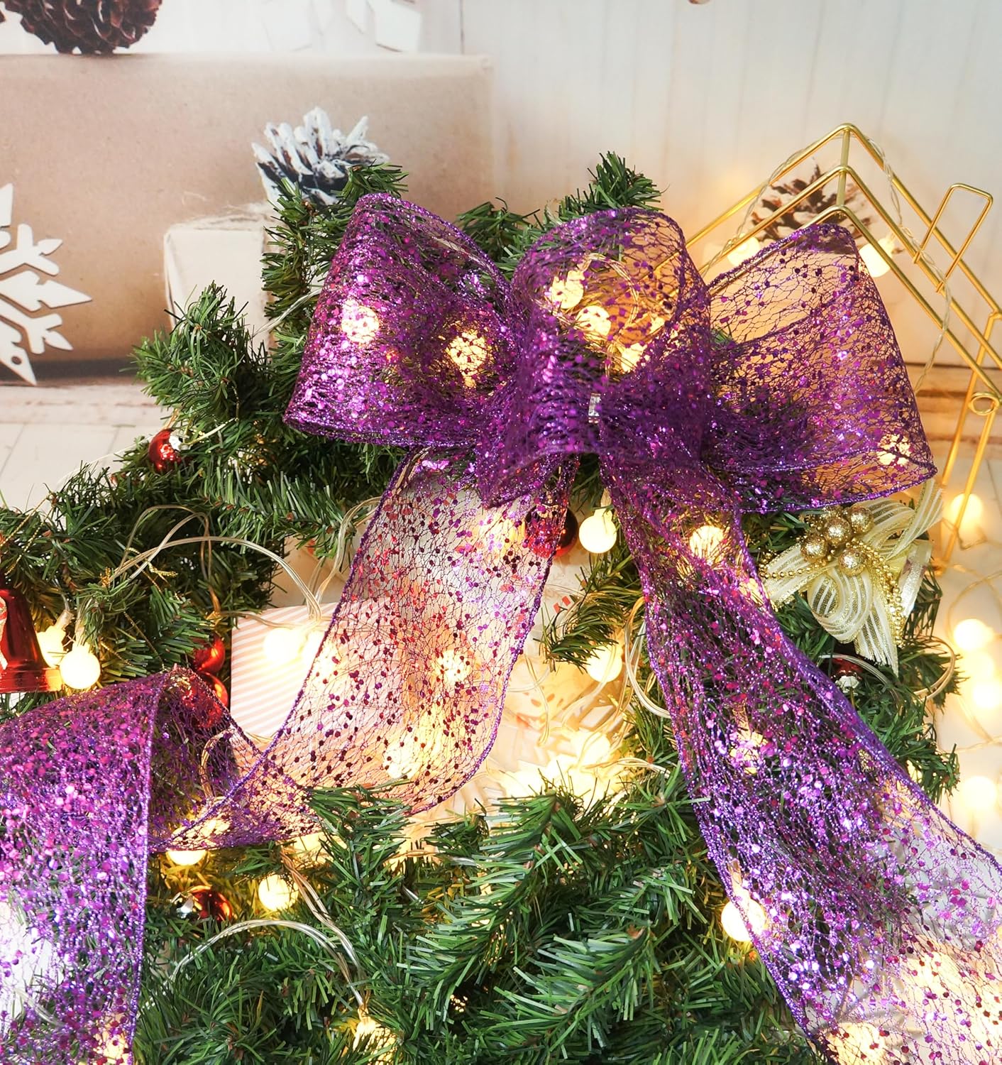 CT CRAFT LLC Sparkling Glitter Mesh Wired Ribbon 4" x 10 Yards Purple for Christmas Home Decor Bow Gift Wrapping DIY Crafts Wreath