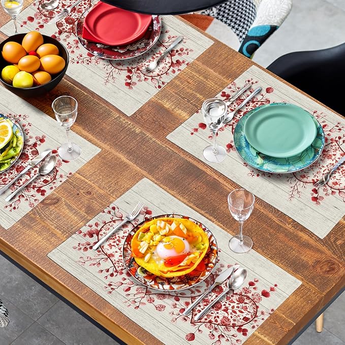 Valentine Wooden Heart Placemats Set of 4, 12x18 Inch Valentines Chinoiserie Red Floral Dining Table Placemats Heat Resistant Washable Table Mats for Kitchen Dining Holiday Indoor