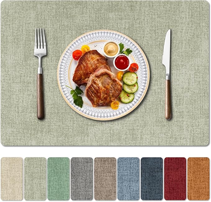 Faux Leather Heat Resistant Spring Placemats Set of 6 – Waterproof Oilproof Wipeable Dining PU Vinyl Place Mat Easy Clean Table Mats for Kitchen/Dining/Party/Holiday, Grass Green