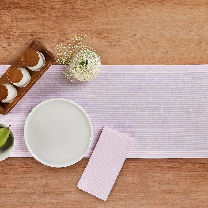 Solino Home Linen Table Runner 60 Inches - Narrow Stripe 100% Pure Linen Pink and White Farmhouse Table Runner 14 x 60 Inch Ideal for Dresser and Coffee Tables, Valentines, Spring, Easter