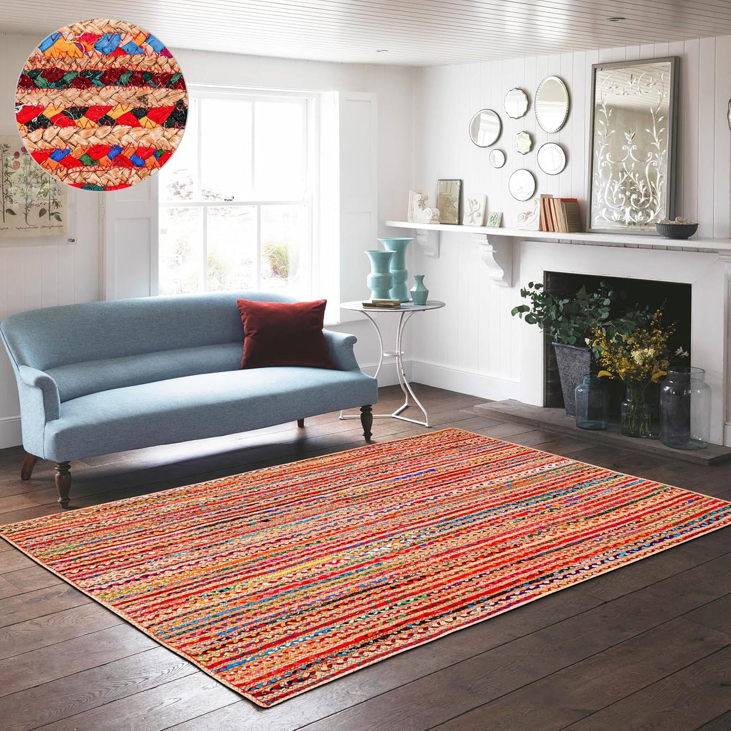 4'x6' Handwoven Jute Chindi Area Rug - Colorful Boho Rugs for Living Room - Hand Braided Multicolor Bohemian Rug for Farmhouse, Bedroom, Dining Room, Classroom, Hallway, Kitchen, Office