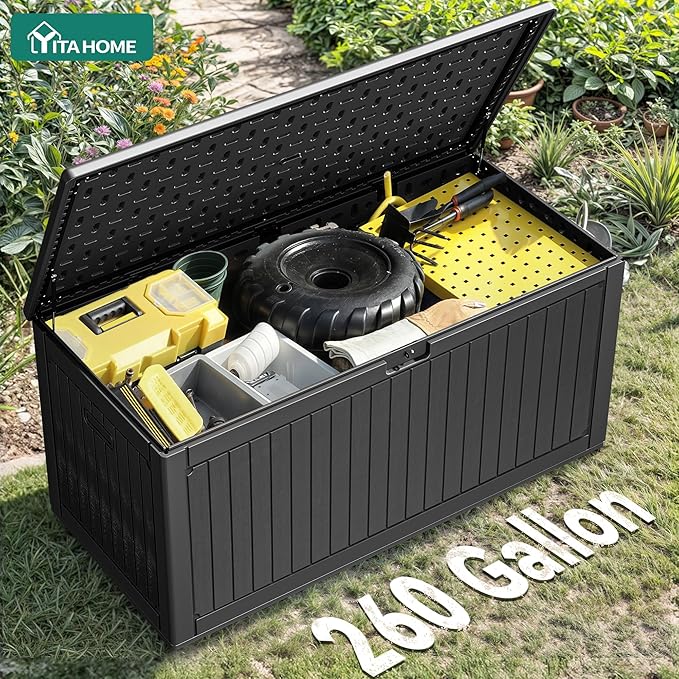 YITAHOME 260 Gallon Extra Large Deck Box, Double-Wall Resin Outdoor Storage Box with Flexible Divider for Patio Cushions Pool Supplies Garden Tools, 1000lbs Load Capacity, Lockable&Waterproof (Black)
