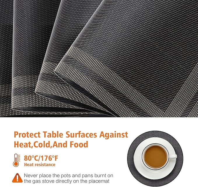 Placemats Set of 8,Washable,Heat and Stain Resistant Indoor/Outdoor Place mats,Vinyl Woven Non Slip Table Mats for Restaurant Table Protection,PVC Placemats(Black Gold 8PCS)