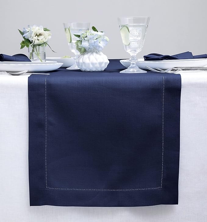 Solino Home Linen Navy Blue Table Runner 132 Inches Long - 100% Pure Linen Extra Long Table Runner 14 x 132 Inch for Easter - Classic Hemstitch