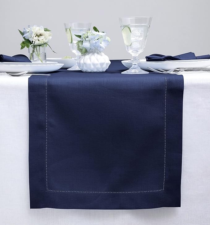 Solino Home Linen Navy Blue Table Runner 72 Inches Long - 100% Pure Linen Hemstitch Table Runner 14 x 72 Inch for Dresser, Dining, Winter, Easter - Classic Hemstitch