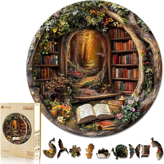 KAAYEE Wooden Puzzles for Adults, 3D Visual Effect Tree House Library Wooden Jigsaw Puzzle Unique Shape Wood Puzzle Adult, 3D Effect Flat Puzzle Birthday Family Games (M-11.4 * 11.4 in-200pcs)
