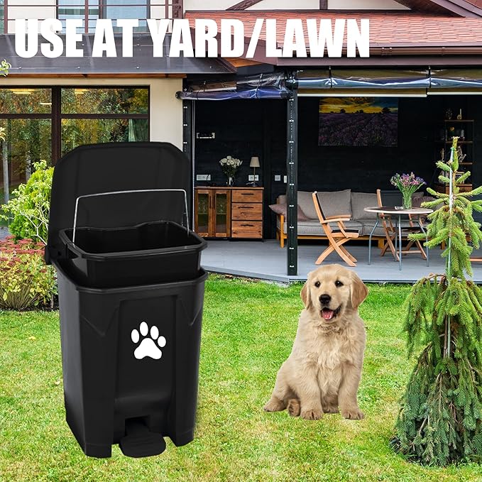 tebiete Dog Poop Trash Can Outdoors Pet Waste Station with Lid Dog Waste Disposal Container with Removable Inner Bin Bucket Hands-Free Pedal Garden Yard Home with 5Rolls Waste Bags, Black