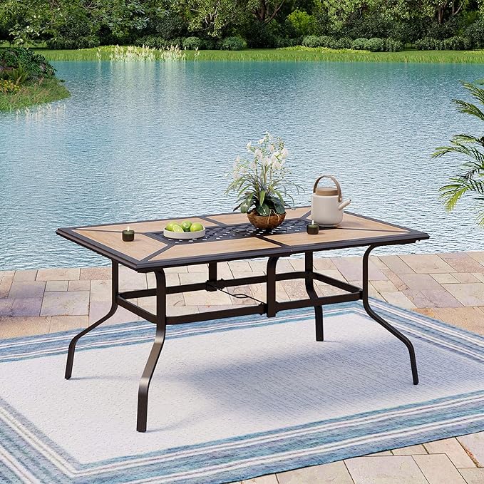 Outdoor Patio Dining Table for 6, 61" x 38" Rectangular Metal Patio Dining Table with Umbrella Hole for Garden, All Weather Wrought Iron Black Outdoor Table Backyard and Porch