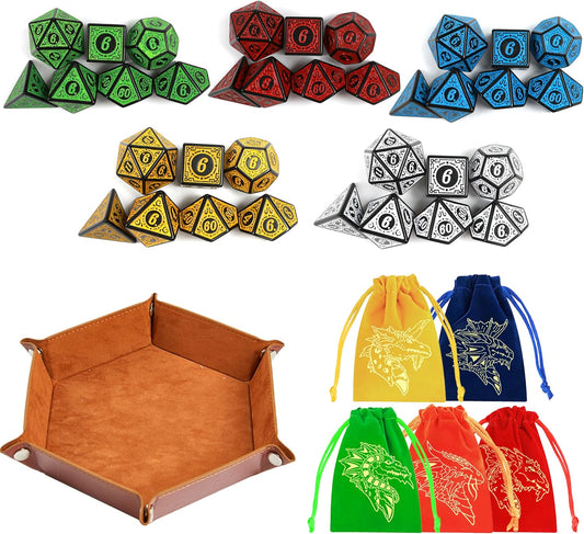 DND Dice Set 35 Pcs Polyhedral Dungeons and Dragons Rolling Dice for D&D RPG MTG Table Games Dice Bulk with Colorful Drawstring Bags and Dice Tray (Retro)