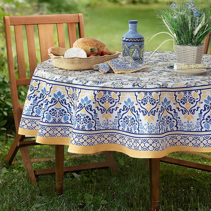 Home Bargains Plus Rectangle Fabric Table Runner, 70 Inch Long, Allure Yellow and Blue Floral Bordered Print, Indoor Outdoor Stain and Water Resistant Table Runner, Provence French Country