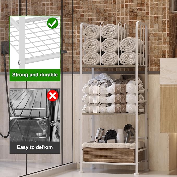 Towel Rack Free Standing 3-Tier M-Shaped Detachable Dividers, Durable Metal Holder, Pool Towel Rack, Space-Saving Towel Storage Organizer, Modern Bath Towel Shelf for Home, Poolside, White