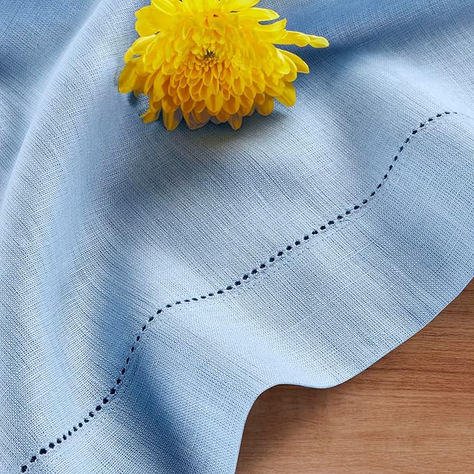Solino Home Linen Cornflower Blue Table Runner 132 Inches Long - 100% Pure Linen Hemstitch 14 x 132 Inch Table Runner for Dining, Winter, Spring, Easter - Classic Hemstitch