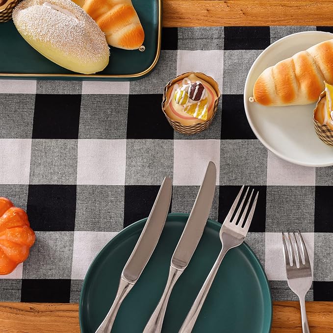 Tosewever Buffalo Check Plaid Table Runner, Cotton Polyester Blend Classic Family Dinner Table Runners for Indoor Outdoor Parties, Christmas Events Home Decoration (Black and White, 14 x 72 Inch)