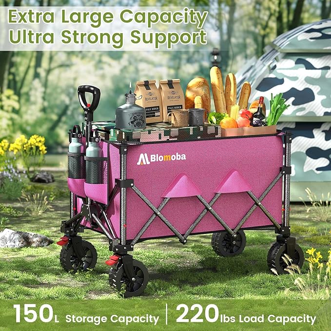 Collapsible Wagon Cart, 150L Heavy Duty Foldable Beach Wagon with Wider Wheels & Auto-Rebound Handle, Utility Grocery Shopping Cart for Garden, Shopping, Camping, Sports, Pink