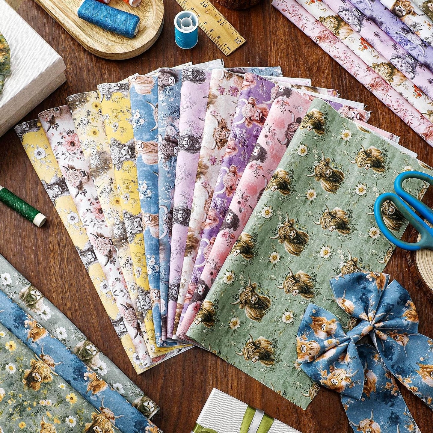 Ganeen 60 Pcs 10 x 10 Inch Highland Cow Quilting Fabric Squares Vintage Highland Cow Fat Patchwork Precut Strips Retro Multicolor Fabric Bundles for Holiday DIY Craft Sewing Quilt Material Handmade