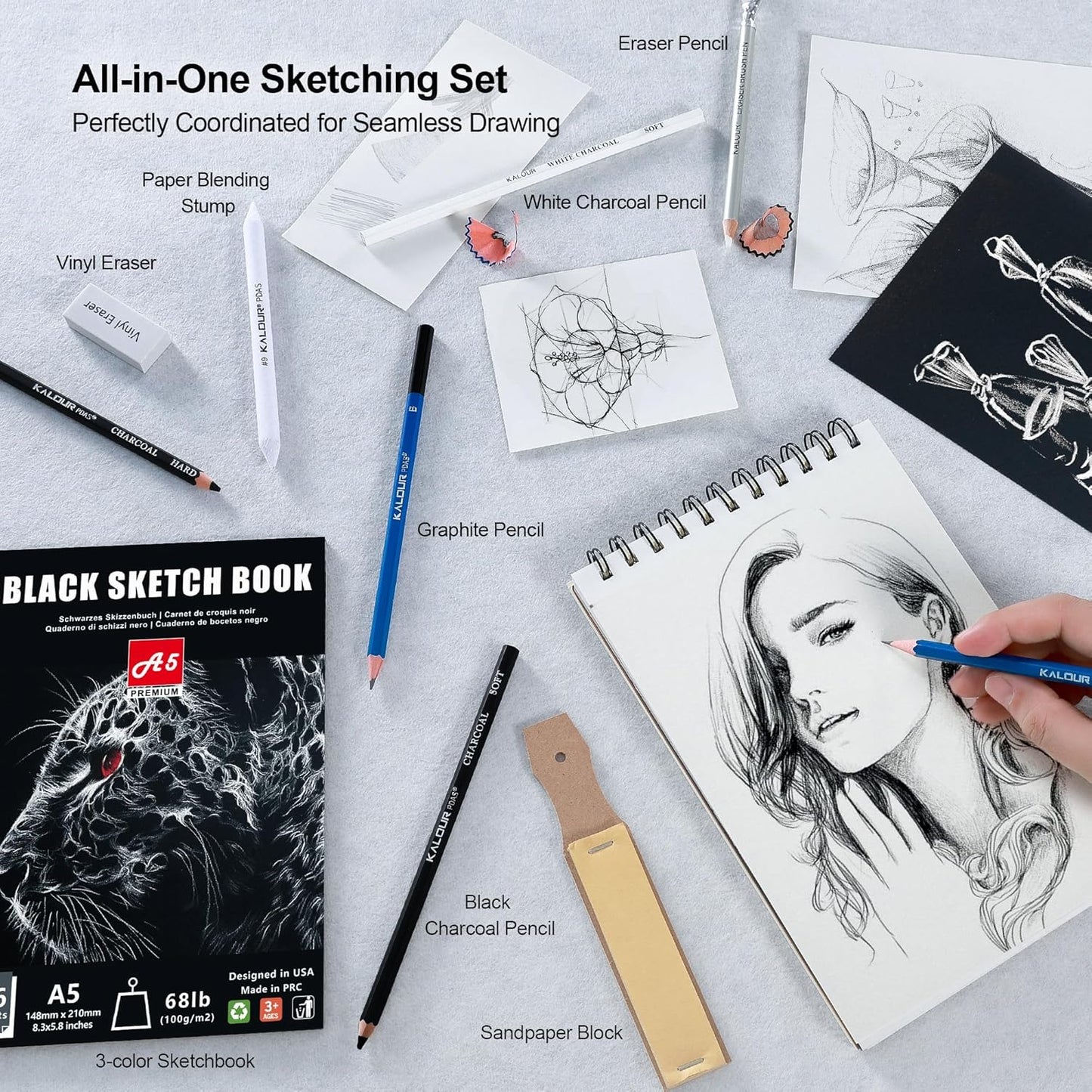 KALOUR 154PCS Artists Art Supplies - Drawing Kit with 6 Sketchbook,Tutorial,Coloring Paper - Graphite,Colored, Charcoal, Watercolor & Metallic Pencils - for Artists and Beginners