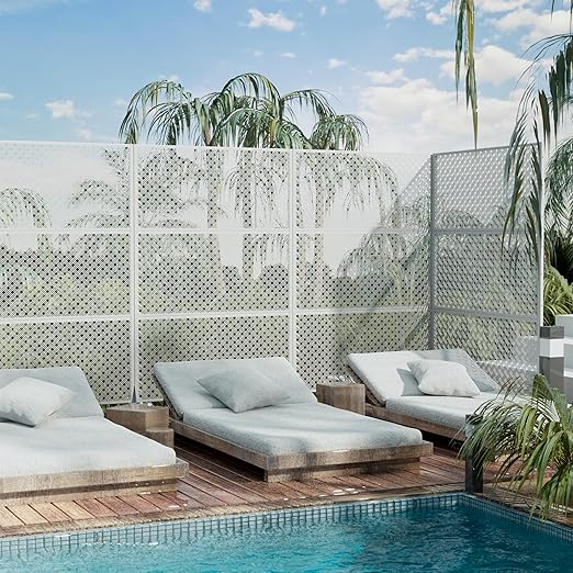 Casaphoria Metal Privacy Screen Outdoor, 72" H x 47" W Freestanding Decorative Privacy Screen for Patio Deck Balcony Garden with Stable Base, White-Jason