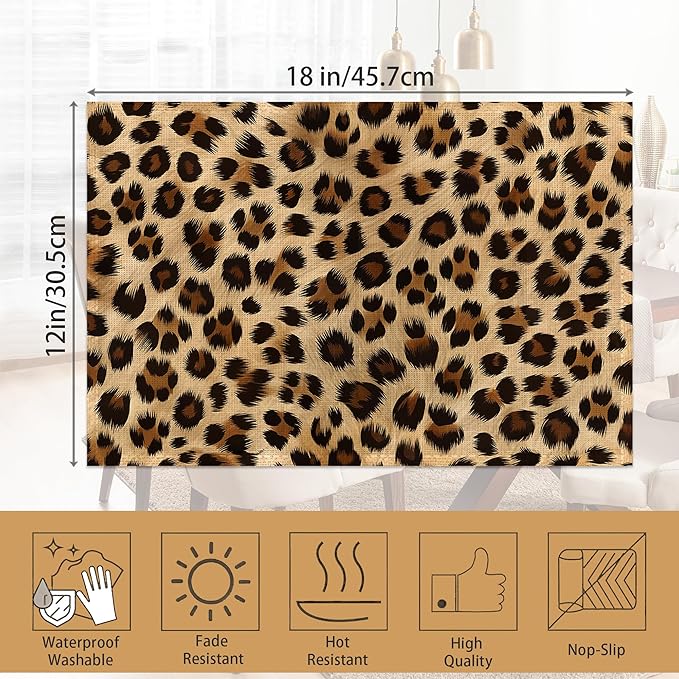 Leopard Skin Texture Placemats Set of 6, Placemats Washable Kitchen Dining Linen Table Mats Stain Heat-Resistant for Home Party Indoor 12x18 inch