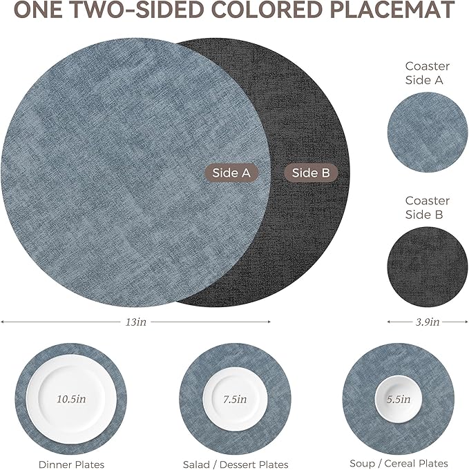 13" Round Placemats Set of 6, NCUE Dual-Sided Faux Leather Heat Resistant Table Mats, Waterproof Oilproof Washable Protective Table Placemats with Coaster, Wipeable Vinyl for Indoor & Outdoor Use