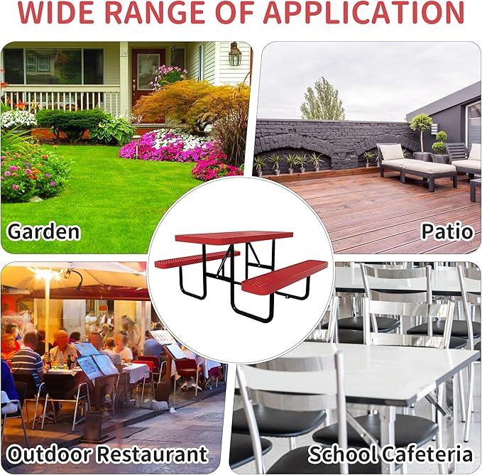 48'' Rectangular Metal Picnic Table for Outdoors,Heavy-Duty Portable Commercial Picnic Tables Bench Set with Umbrella Hole,School Canteen Table W/Seats - Patio Dining Furniture for Patio Garden